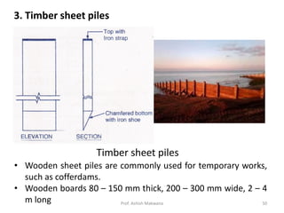 3. Timber sheet piles
Timber sheet piles
• Wooden sheet piles are commonly used for temporary works,
such as cofferdams.
• Wooden boards 80 – 150 mm thick, 200 – 300 mm wide, 2 – 4
m long Prof. Ashish Makwana 50
 