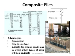 Composite Piles
• Advantages:-
• Economical
• Easy to construct
• Suitable for ground conditions
in which other types of piles
will be unsuitable Prof. Ashish Makwana 54
 