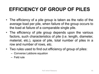 EFFICIENCY OF GROUP OF PILES
• The efficiency of a pile group is taken as the ratio of the
average load per pile, when failure of the group occurs to
the load at failure of a comparable single pile.
• The efficiency of pile group depends upon the various
factors, such characteristics of pile (i.e. length, diameter,
material, etc.), space of pile, total number of piles in a
row and number of rows, etc.
• Two rules used to find out efficiency of group of piles:
– Converse Labbore equation
– Feld rule
Prof. Ashish Makwana 65
 