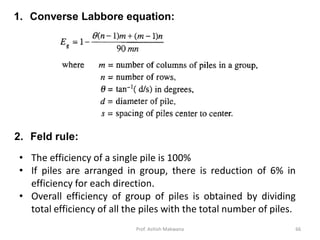 1. Converse Labbore equation:
2. Feld rule:
• The efficiency of a single pile is 100%
• If piles are arranged in group, there is reduction of 6% in
efficiency for each direction.
• Overall efficiency of group of piles is obtained by dividing
total efficiency of all the piles with the total number of piles.
Prof. Ashish Makwana 66
 