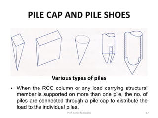 PILE CAP AND PILE SHOES
Various types of piles
• When the RCC column or any load carrying structural
member is supported on more than one pile, the no. of
piles are connected through a pile cap to distribute the
load to the individual piles.
Prof. Ashish Makwana 67
 
