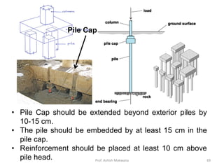 Pile Cap
• Pile Cap should be extended beyond exterior piles by
10-15 cm.
• The pile should be embedded by at least 15 cm in the
pile cap.
• Reinforcement should be placed at least 10 cm above
pile head. Prof. Ashish Makwana 69
 
