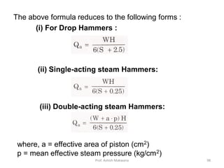 The above formula reduces to the following forms :
(i) For Drop Hammers :
(ii) Single-acting steam Hammers:
(iii) Double-acting steam Hammers:
where, a = effective area of piston (cm2)
p = mean effective steam pressure (kg/cm2)
Prof. Ashish Makwana 98
 