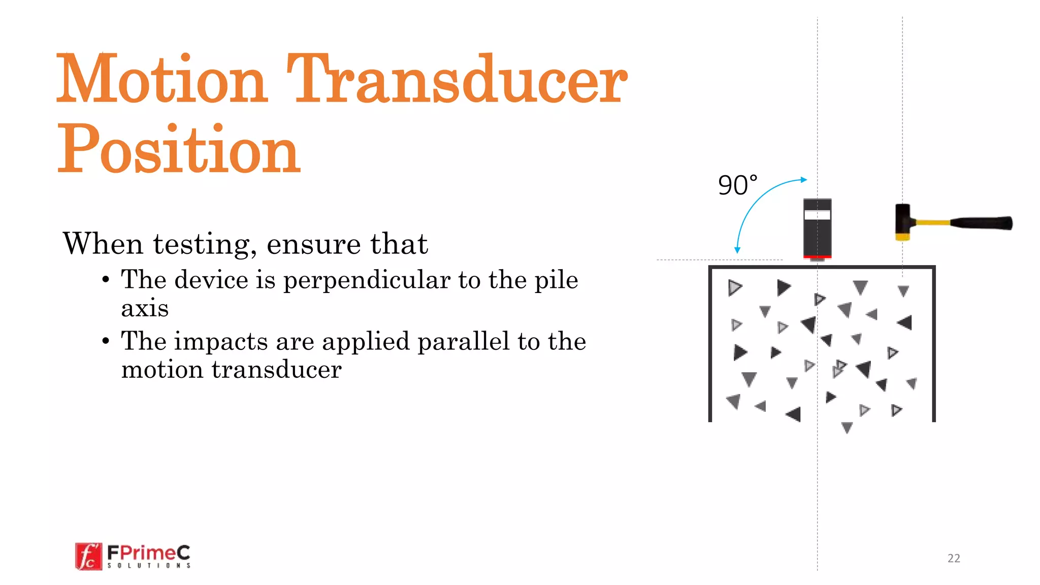 22
90°
Motion Transducer
Position
When testing, ensure that
• The device is perpendicular to the pile
axis
• The impacts are applied parallel to the
motion transducer
 