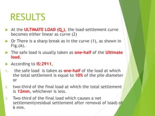 RESULTS
 At the ULTIMATE LOAD (Qu), the load-settlement curve
becomes either linear as curve (2)
 Or There is a sharp break as in the curve (1), as shown in
Fig.(A).
 The safe load is usually taken as one-half of the Ultimate
load.
 According to IS:2911,
1. the safe load is taken as one-half of the load at which
the total settlement is equal to 10% of the pile diameter
or
2. two-third of the final load at which the total settlement
is 12mm, whichever is less.
3. Two-third of the final load which causes a net
settlement(residual settlement after removal of load) of
6 mm.
 
