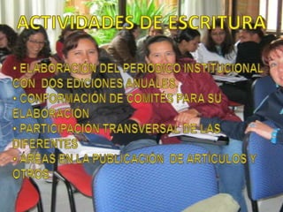 HABILIDADES ORALESNOTICIERO DE LA LENGUA “ NOTILENGUA”ACTIVIDAD MENSUAL A CARGO DEL ÁREA PARA SUSCITAR EN LOS ESTUDIANTES EL USO CORRECTO DEL IDIOMA  Y SU ORALIDAD  MUESTRA DE LAS HABILIDADES COMUNICATIVAS EN INGLÉS A TRAVÉS DE LAS ACTIVIDADES TRABAJADAS EN LA ASIGNATURA (ENGLISH DAY) ACTIVIDADES DE ESCRITURA ELABORACIÓN DEL PERIÓDICO INSTITUCIONAL CON  DOS EDICIONES ANUALES.