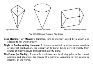 Drop Hammer (or Monkey): Hammer, ram or monkey raised by a winch and allowed to fall under gravity. 
Single or Double Acting Hammer: A hammer operated by steam compressed air or internal combustion, the energy of its blows being derived mainly from source of motive power and not from gravity along. 
Pile Frame (or Pile Rig): A movable steel structure for driving piles in the correct position and alignment by means of a hammer operating in the guides or (leaders) of the frame.  