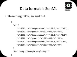 Data format is SenML
• Streaming JSON, in and out

geras

 