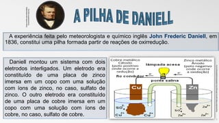 A experiência feita pelo meteorologista e químico inglês John Frederic Daniell, em
1836, constitui uma pilha formada partir de reações de oxirredução.
5
Daniell montou um sistema com dois
eletrodos interligados. Um eletrodo era
constituído de uma placa de zinco
imersa em um copo com uma solução
com íons de zinco, no caso, sulfato de
zinco. O outro eletrodo era constituído
de uma placa de cobre imersa em um
copo com uma solução com íons de
cobre, no caso, sulfato de cobre.
Disponivelem:djvnddaniellphp
toslacessadoem:09/11/15
Disponivelem:https:quimca.eletroquímica.daniell/acessadoem09?11?17
 