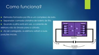 Como funciona?
 Eletrodos formados por lítio e um complexo de iodo.
 Separador: camada cristalina de iodeto de lítio.
 Quando a pilha está em uso, a corrente de
elétrons vão do ânodo para o cátodo.
 Ao ser carregada, os elétrons voltam a suas
posições iniciais.
 