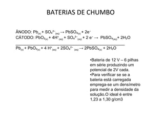BATERIAS DE CHUMBO ÂNODO: Pb (s)  + SO ₄²⁻ (aq)  -> PbSO ₄ (s)  + 2e ⁻ CÁTODO: PbO ₂ (s)  + 4H ⁺ (aq)  + SO ₄²⁻ (aq)  + 2 e ⁻  ->  PbSO ₄ (aq) + 2H ₂ O ________________________________________________ Pb (s)  + PbO ₂ (s)  + 4 H ⁺ (aq)  + 2SO ₄²⁻   (aq)  -> 2PbSO ₄ (s)  + 2H ₂ O • Bateria de 12 V – 6 pilhas em série produzindo um potencial de 2V cada. • Para verificar se se a bateria está carregada emprega-se um densímetro para medir a densidade da solução.O ideal é entre 1,23 a 1,30 g/cm3 