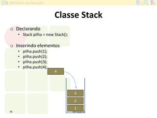 Classe Stack
o Declarando
• Stack pilha = new Stack();
o Inserindo elementos
• pilha.push(1);
• pilha.push(2);
• pilha.push(3);
• pilha.push(4);
19/10/201016
4
1
2
3
 