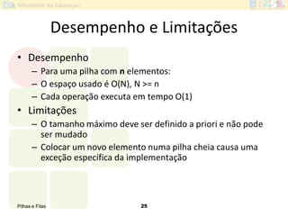 Pilhas e Filas 25
Desempenho e Limitações
• Desempenho
– Para uma pilha com n elementos:
– O espaço usado é O(N), N >= n
– Cada operação executa em tempo O(1)
• Limitações
– O tamanho máximo deve ser definido a priori e não pode
ser mudado
– Colocar um novo elemento numa pilha cheia causa uma
exceção específica da implementação
 