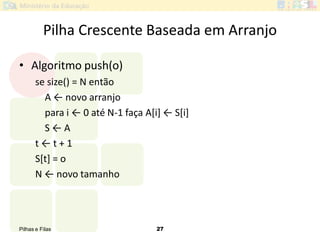 Pilhas e Filas 27
Pilha Crescente Baseada em Arranjo
• Algoritmo push(o)
se size() = N então
A ← novo arranjo
para i ← 0 até N-1 faça A[i] ← S*i+
S ← A
t ← t + 1
S[t] = o
N ← novo tamanho
 