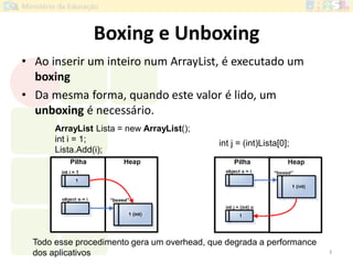 Boxing e Unboxing
• Ao inserir um inteiro num ArrayList, é executado um
boxing
• Da mesma forma, quando este valor é lido, um
unboxing é necessário.
3
ArrayList Lista = new ArrayList();
int i = 1;
Lista.Add(i);
int j = (int)Lista[0];
Todo esse procedimento gera um overhead, que degrada a performance
dos aplicativos
 