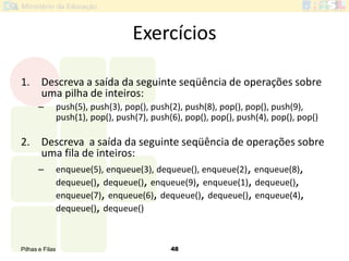 Pilhas e Filas 48
Exercícios
1. Descreva a saída da seguinte seqüência de operações sobre
uma pilha de inteiros:
– push(5), push(3), pop(), push(2), push(8), pop(), pop(), push(9),
push(1), pop(), push(7), push(6), pop(), pop(), push(4), pop(), pop()
2. Descreva a saída da seguinte seqüência de operações sobre
uma fila de inteiros:
– enqueue(5), enqueue(3), dequeue(), enqueue(2), enqueue(8),
dequeue(), dequeue(), enqueue(9), enqueue(1), dequeue(),
enqueue(7), enqueue(6), dequeue(), dequeue(), enqueue(4),
dequeue(), dequeue()
 