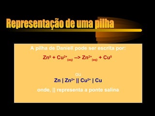 A pilha de Daniell pode ser escrita por:
Zn0
+ Cu2+
(aq)
--> Zn2+
(aq)
+ Cu0
ou
Zn | Zn2+
|| Cu2+
| Cu
onde, || representa a ponte salina
 