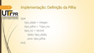 Implementação: Definição da Pilha
type
tipo_dado = integer;
tipo_pilha = ^tipo_no;
tipo_no = record
dado: tipo_dado;
prox: tipo_pilha;
end;
07/12/2016
11
 