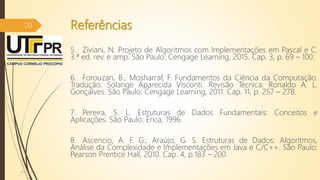 Referências
5. Ziviani, N. Projeto de Algoritmos com Implementações em Pascal e C.
3.ª ed. rev. e amp. São Paulo: Cengage Learning, 2015. Cap. 3, p. 69 – 100.
6. Forouzan, B., Mosharraf, F. Fundamentos da Ciência da Computação.
Tradução: Solange Aparecida Visconti. Revisão Técnica: Ronaldo A. L.
Gonçalves. São Paulo: Cengage Learning, 2011. Cap. 11, p. 257 – 278.
7. Pereira, S. L. Estruturas de Dados Fundamentais: Conceitos e
Aplicações. São Paulo: Érica, 1996.
8. Ascencio, A. F. G.; Araújo, G. S. Estruturas de Dados: Algoritmos,
Análise da Complexidade e Implementações em Java e C/C++. São Paulo:
Pearson Prentice Hall, 2010. Cap. 4, p.183 – 200.
07/12/2016
20
 