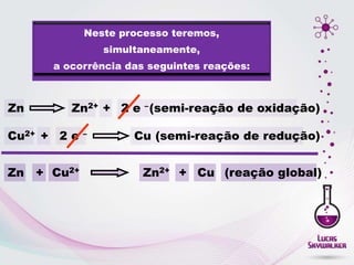 Neste processo teremos,
simultaneamente,
a ocorrência das seguintes reações:
Zn 2 e –
+
Zn2+ (semi-reação de oxidação)
Cu
Cu2+ + 2 e – (semi-reação de redução)
Cu2+
Zn + Zn2+ Cu
+ (reação global)
 