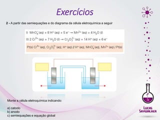 2 - A partir das semiequações e do diagrama da célula eletroquímica a seguir
Monte a célula eletroquímica indicando:
a) catodo
b) anodo
c) semiequações e equação global
Exercícios
 