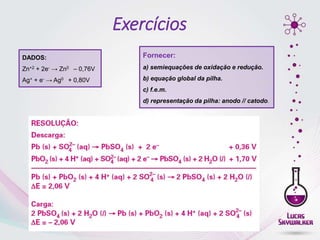 Fornecer:
a) semiequações de oxidação e redução.
b) equação global da pilha.
c) f.e.m.
d) representação da pilha: anodo // catodo.
DADOS:
Zn+2 + 2e- → Zn0 – 0,76V
Ag+ + e- → Ag0 + 0,80V
Exercícios
 