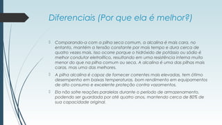 Diferenciais (Por que ela é melhor?)
 Comparando-a com a pilha seca comum, a alcalina é mais cara, no
entanto, mantém a tensão constante por mais tempo e dura cerca de
quatro vezes mais. Isso ocorre porque o hidróxido de potássio ou sódio é
melhor condutor eletrolítico, resultando em uma resistência interna muito
menor do que na pilha comum ou seca. A alcalina é uma das pilhas mais
caras, mas uma das melhores.
 A pilha alcalina é capaz de fornecer correntes mais elevadas, tem ótimo
desempenho em baixas temperaturas, bom rendimento em equipamentos
de alto consumo e excelente proteção contra vazamentos.
 Ela não sofre reações paralelas durante o período de armazenamento,
podendo ser guardada por até quatro anos, mantendo cerca de 80% de
sua capacidade original.
 