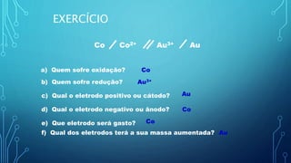 a) Quem sofre oxidação? Co
Co Co2+ Au3+ Au
Au3+b) Quem sofre redução?
c) Qual o eletrodo positivo ou cátodo? Au
d) Qual o eletrodo negativo ou ânodo? Co
e) Que eletrodo será gasto? Co
f) Qual dos eletrodos terá a sua massa aumentada? Au
EXERCÍCIO
 