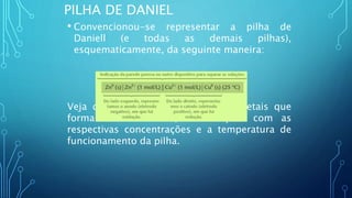 PILHA DE DANIEL
• Convencionou-se representar a pilha de
Daniell (e todas as demais pilhas),
esquematicamente, da seguinte maneira:
Veja que devem ser indicados os metais que
formam os eletrodos, as soluções com as
respectivas concentrações e a temperatura de
funcionamento da pilha.
 