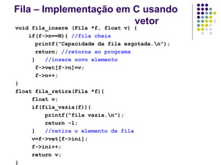 Fila – Implementação em C usando
vetor
void fila_insere (Fila *f, float v) {
if(f->n==N){ //fila cheia
printf("Capacidade da fila esgotada.n");
return; //retorna ao programa
} //insere novo elemento
f->vet[f->n]=v;
f->n++;
}
float fila_retira(Fila *f){
float v;
if(fila_vazia(f)){
printf("fila vazia.n");
return -1;
} //retira o elemento da fila
v=f->vet[f->ini];
f->ini++;
return v;
}
 