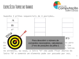 ExercícioTorredeHanoi
Suponha 3 pilhas sequenciais de 4 posições…
Escreva a sequência de comandos push e pop necessários para
passar todos os elementos da pilha P1 para a pilha P3 (na
mesma ordem), considerando a ordem de precedência das letras
no alfabeto, ou seja, a letra "A" não pode ficar abaixo da
letra "B" e somente um elemento pode ser passado por vez.
5
 