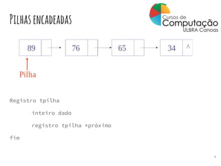 Pilhasencadeadas
Registro tpilha
inteiro dado
registro tpilha *próximo
fim
7
 