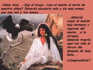 -Nube Azul...-dijo el brujo- ¿ves el monte al norte de nuestra aldea? Deberás escalarlo sola y sin más armas que una red y tus manos.... ...deberás cazar el halcón más hermoso y vigoroso del monte...si lo atrapas, deberás traerlo aquí con vida el tercer día después de luna llena... ¿Comprendiste? 