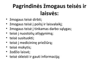 Pagrindinės žmogaus teisės ir
laisvės:
• žmogaus teisė dirbti;
• žmogaus teisė į poilsį ir laisvalaikį;
• žmogaus teisė į tinkamas darbo sąlygas;
• teisė į nuostolių atlygynimą;
• teisė susituokti;
• teisė į medicininę priežiūrą;
• teisė mokytis;
• žodžio laisvė;
• teisė skleisti ir gauti informaciją;
 