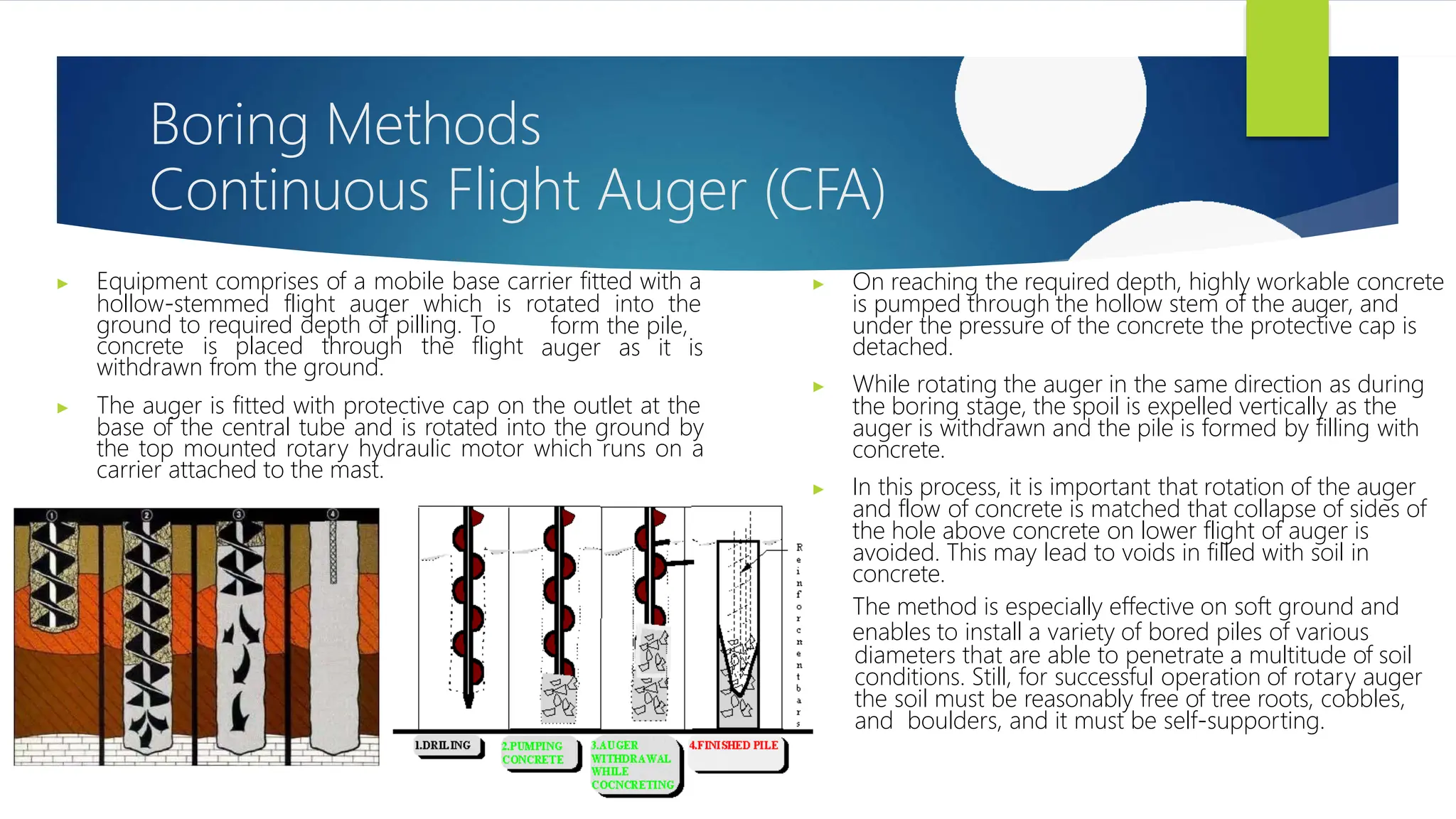 Boring Methods
Continuous Flight Auger (CFA)
▶ Equipment comprises of a mobile base carrier fitted with a
hollow-stemmed flight auger which is rotated into the
form the pile,
auger as it is
ground to required depth of pilling. To
concrete is placed through the flight
withdrawn from the ground.
▶ The auger is fitted with protective cap on the outlet at the
base of the central tube and is rotated into the ground by
the top mounted rotary hydraulic motor which runs on a
carrier attached to the mast.
▶ On reaching the required depth, highly workable concrete
is pumped through the hollow stem of the auger, and
under the pressure of the concrete the protective cap is
detached.
▶ While rotating the auger in the same direction as during
the boring stage, the spoil is expelled vertically as the
auger is withdrawn and the pile is formed by filling with
concrete.
▶ In this process, it is important that rotation of the auger
and flow of concrete is matched that collapse of sides of
the hole above concrete on lower flight of auger is
avoided. This may lead to voids in filled with soil in
concrete.
▶ The method is especially effective on soft ground and
enables to install a variety of bored piles of various
diameters that are able to penetrate a multitude of soil
conditions. Still, for successful operation of rotary auger
the soil must be reasonably free of tree roots, cobbles,
and boulders, and it must be self-supporting.
 