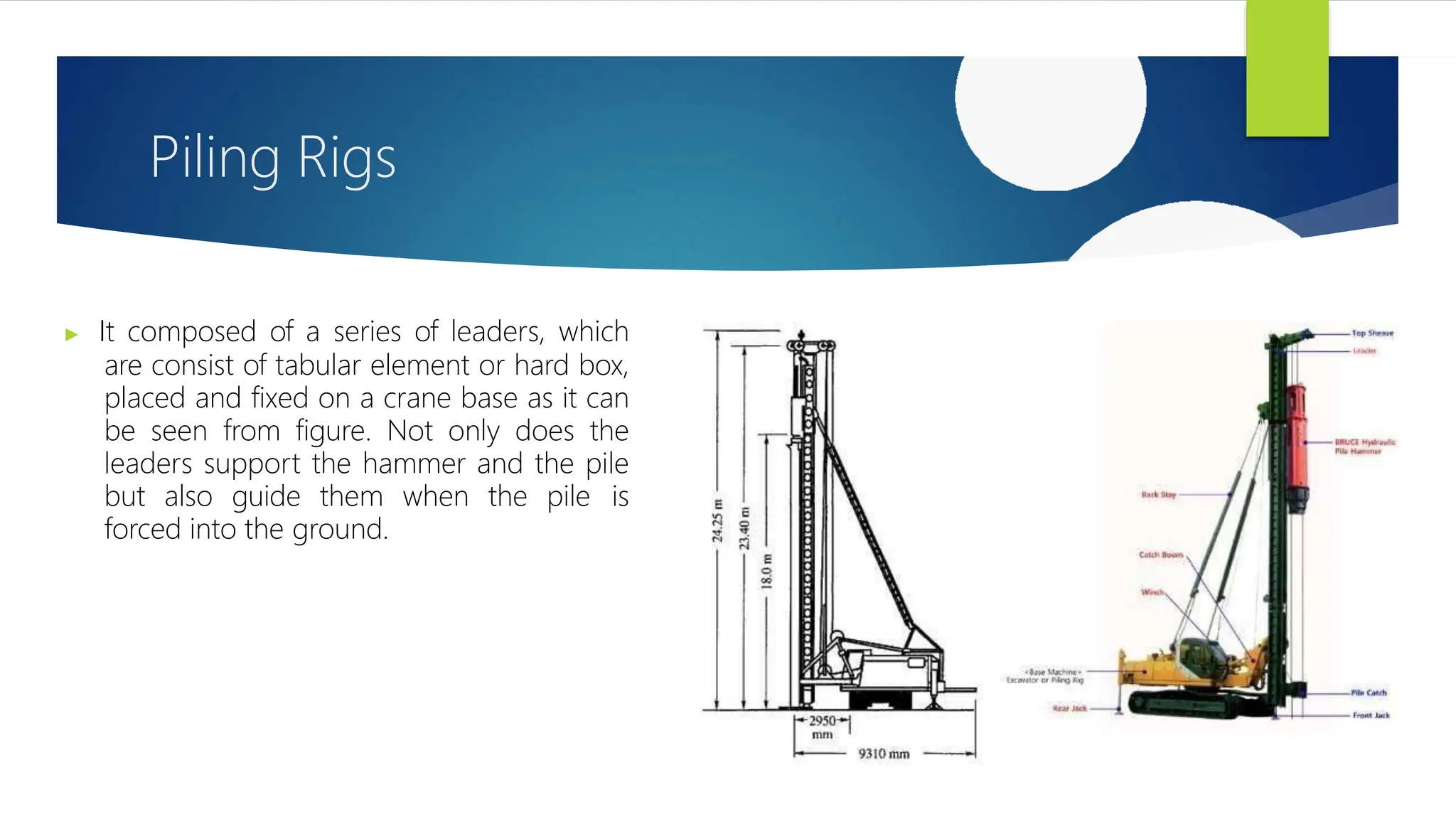 Piling Rigs
▶ It composed of a series of leaders, which
are consist of tabular element or hard box,
placed and fixed on a crane base as it can
be seen from figure. Not only does the
leaders support the hammer and the pile
but also guide them when the pile is
forced into the ground.
 