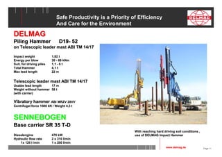 Page 11 
Safe Productivity is a Priority of Efficiency 
And Care for the Environment 
DELMAG 
Piling Hammer D19- 52 
on Telescopic leader mast ABI TM 14/17 
Impact weight 1,82 t 
Energy per blow 30 - 66 kNm 
Suit. for driving piles 1,1 - 6 t 
Total Hammer 4,1 t 
Max lead length 22 m 
Telescopic leader mast ABI TM 14/17 
Usable lead length 17 m 
Weight without hammer 58 t 
(with carrier) 
Vibratory hammer ABI MRZV 28VV 
Centrifugal force 1000 kN / Weight 4,3 t 
SENNEBOGEN 
Base carrier SR 35 T-D 
Dieselengine 470 kW 
Hydraulic flow rate 2 x 310 l/min 
1x 120 l /min 1 x 200 l/min 
With reaching hard driving soil conditions , 
use of DELMAG Impact Hammer 
www.delmag.de 
 