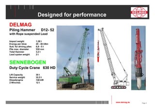 Page 3 
Designed for performance 
DELMAG 
Piling Hammer D12- 52 
with Rope suspended Lead 
Impact weight 1,28 t 
Energy per blow 20 - 46 kNm 
Suit. for driving piles 0,8 - 5 t 
Pile max. diameter 530 mm 
Total Hammer 3,2 t 
Lead systen weight 2 t 
SENNEBOGEN 
Duty Cycle Crane 630 HD 
Lift Capacity 30 t 
Service weight 32,5 t 
Dieselengine 148 kW 
2 Winches 12 t 
www.delmag.de 
 
