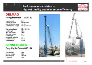 Page 4 
Performance translates to 
highest quality and maximum efficiency 
DELMAG 
Piling Hammer D25- 32 
Impact weight 2,5 t 
Energy per blow 40 - 90 kNm 
Suit. for driving piles 1,6 - 8 t 
Total Hammer weight 7,0 t (incl. Helmet) 
Hanging Lead MH 32103 
Lead length 30 m 
Max. pile length 24 m 
Max. pile weight 8 t 
Lead weight 7,2 t 
Inclination back/ for 1:5 
Lead lowering 3,0 m 
Lead slewing +/- 50° 
SENNEBOGEN 
Duty Cycle Crane 655 HD 
Lift Capacity 55 t 
Service weight 59 t 
Dieselengine 261 kW 
2 Winches 16 t 
www.delmag.de 
 