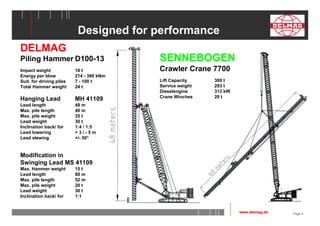 Page 9 
DELMAG 
Piling Hammer D100-13 
Impact weight 10 t 
Energy per blow 214 - 360 kNm 
Suit. for driving piles 7 - 100 t 
Total Hammer weight 24 t 
Hanging Lead MH 41109 
Lead length 48 m 
Max. pile length 40 m 
Max. pile weight 35 t 
Lead weight 30 t 
Inclination back/ for 1:4 / 1:5 
Lead lowering + 3 / - 5 m 
Lead slewing +/- 50° 
Modification in 
Swinging Lead MS 41109 
Max. Hammer weight 15 t 
Lead length 60 m 
Max. pile length 52 m 
Max. pile weight 20 t 
Lead weight 30 t 
Inclination back/ for 1:1 
www.delmag.de 
Designed for performance 
SENNEBOGEN 
Crawler Crane 7700 
Lift Capacity 300 t 
Service weight 293 t 
Dieselengine 313 kW 
Crane Winches 20 t 
 