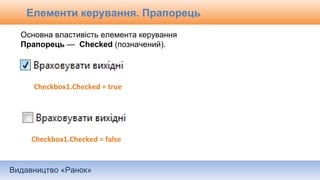 Видавництво «Ранок»
Елементи керування. Прапорець
Основна властивість елемента керування
Прапорець — Checked (позначений).
Checkbox1.Checked = true
Checkbox1.Checked = false
 