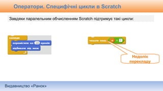 Видавництво «Ранок»
Оператори. Специфічні цикли в Scratch
Завдяки паралельним обчисленням Scratch підтримує такі цикли:
Недолік
перекладу
 