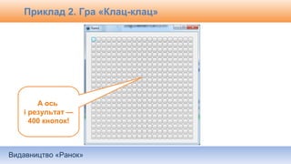 Видавництво «Ранок»
А ось
і результат —
400 кнопок!
Приклад 2. Гра «Клац-клац»
 