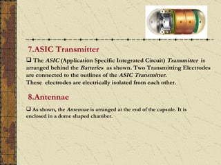 7.ASIC Transmitter
 The ASIC (Application Specific Integrated Circuit) Transmitter is
arranged behind the Batteries as shown. Two Transmitting Electrodes
are connected to the outlines of the ASIC Transmitter.
These electrodes are electrically isolated from each other.

8.Antennae
 As shown, the Antennae is arranged at the end of the capsule. It is
enclosed in a dome shaped chamber.
 