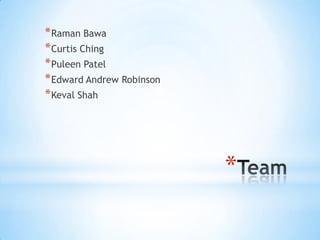 * Raman Bawa
* Curtis Ching
* Puleen Patel
* Edward Andrew Robinson
* Keval Shah




                           *
 