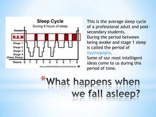 This is the average sleep cycle
    of a professional adult and post-
    secondary students.
    During the period between
    being awake and stage 1 sleep
    is called the period of
    hypnagogia.
    Some of our most intelligent
    ideas come to us during this
    period of time.


*
 