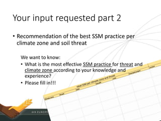 Your input requested part 2
• Recommendation of the best SSM practice per
climate zone and soil threat
We want to know:
• What is the most effective SSM practice for threat and
climate zone according to your knowledge and
experience?
• Please fill in!!!
 