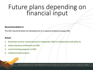 Recommendation 6
The GSP should facilitate the development of a capacity building strategy (JRC)
Action
1. Reactivate summer school (planned in September 2019 in collaboration with pillar 2)
2. Setup voluntary certification on SSM
3. Launch training program on SSM
4. Implement pilot projects
Future plans depending on
financial input
 