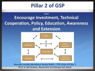__
Encourage Investment, Technical
Cooperation, Policy, Education, Awareness
and Extension
Pillar 2 of GSP
Mariade Lourdes Mendonca Santos Brefin – ITPS Chair of Pillar 2
Ph.D. in Soil Science, Researcher at Embrapa Soil, Brazil
 