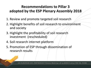 Recommendations to Pillar 3
adopted by the ESP Plenary Assembly 2018
1. Review and promote targeted soil research
2. Highlight benefits of soil research to environment
and society
3. Highlight the profitability of soil research
investment (rescheduled)
4. Soil research internet platform
5. Promotion of ESP through dissemination of
research results
 